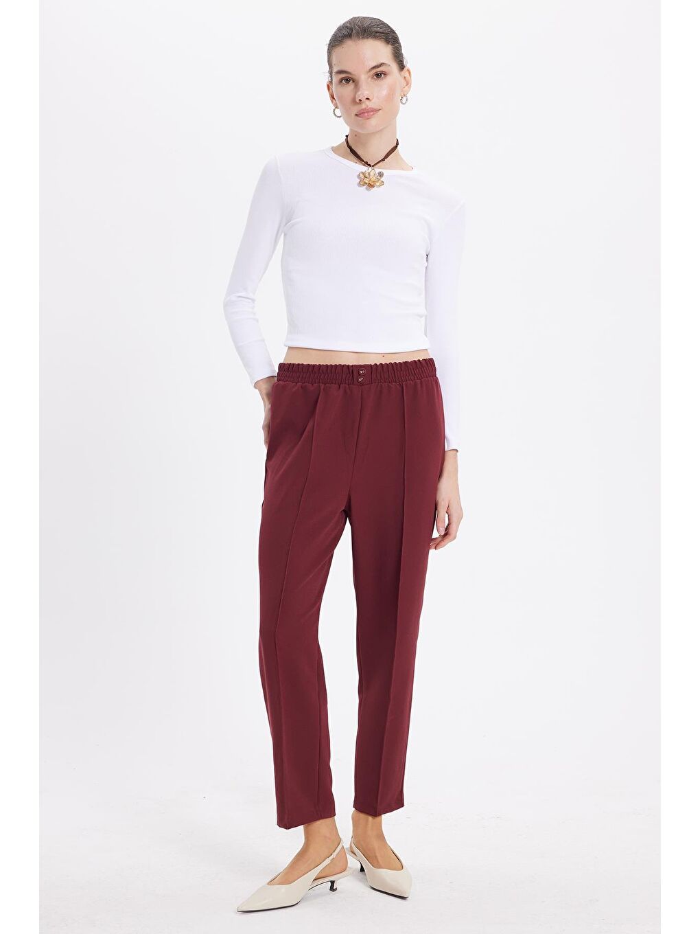 Kadın Relax Fit Rahat Kesim Yüksel Bel Düz Paça Beli Lastikli Bordo Pantolon-3