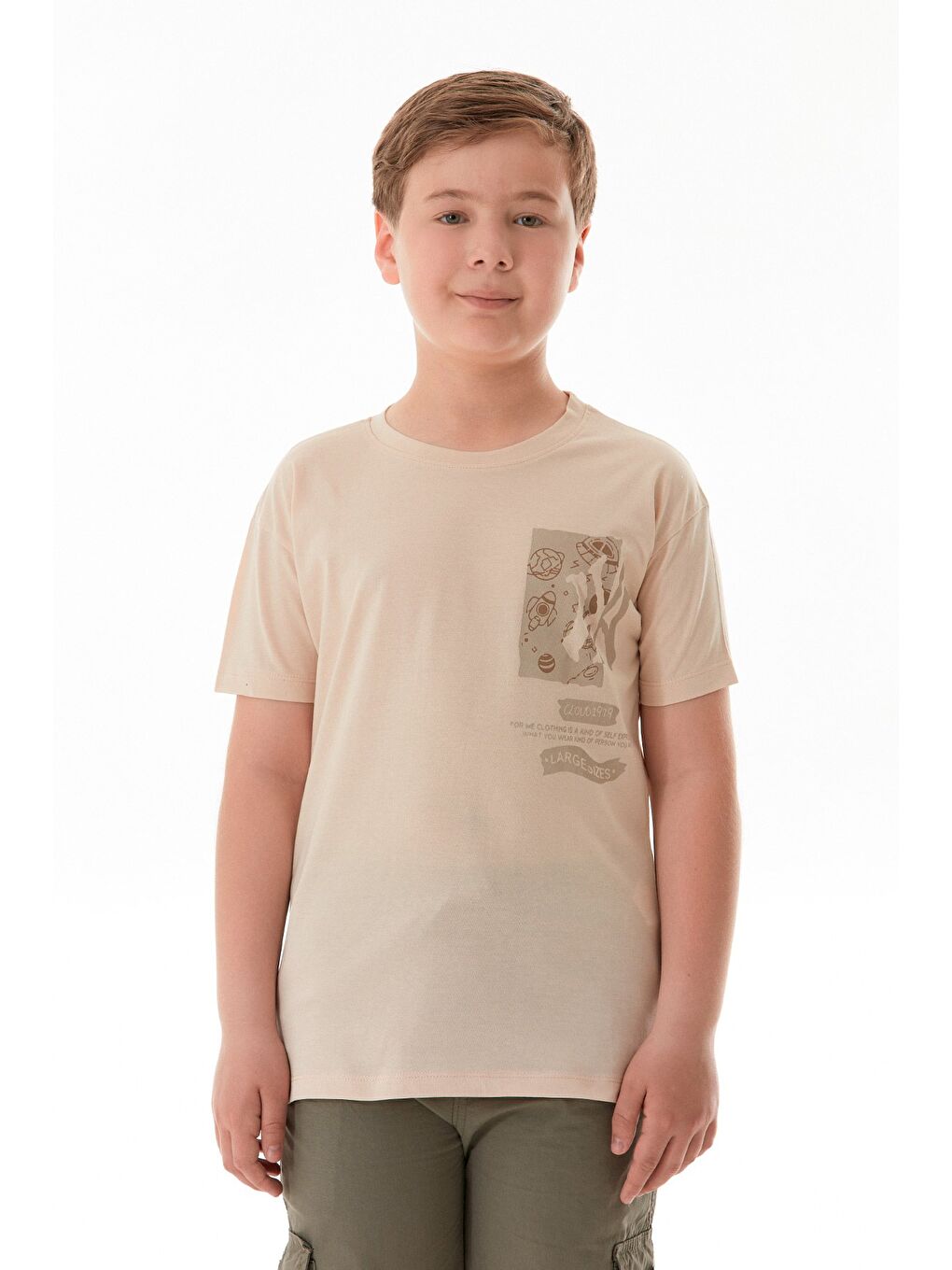 Bej %100 Pamuk Uzay Baskılı Erkek Çocuk Tişört-1