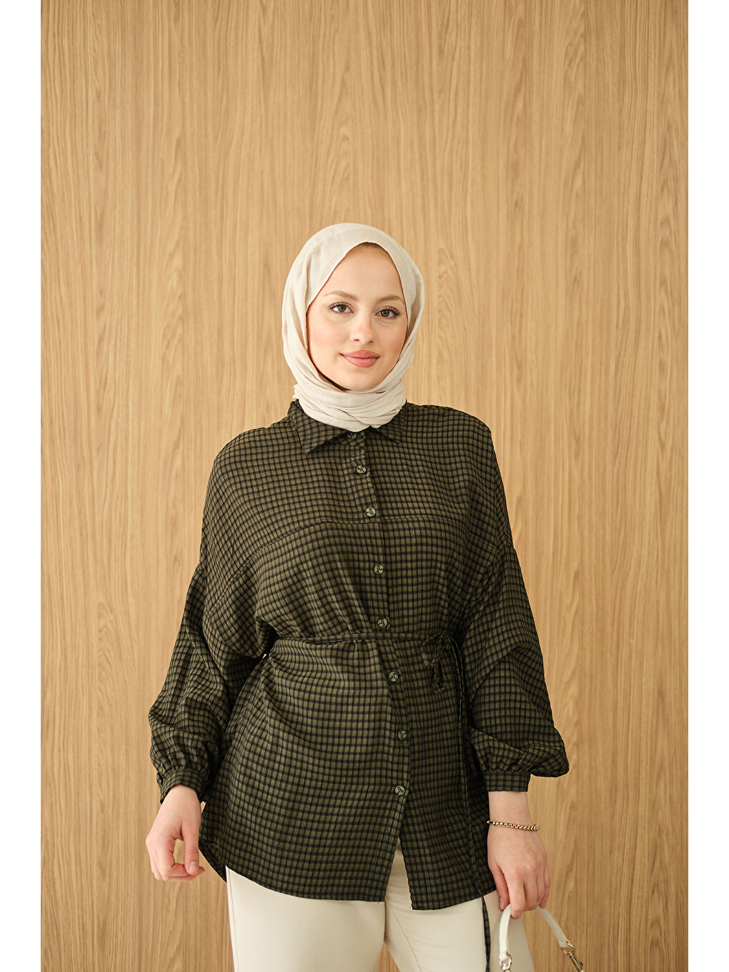 Kadın Ekose Desen Bel Bağlamalı Gömlek Koyu Yeşil-4