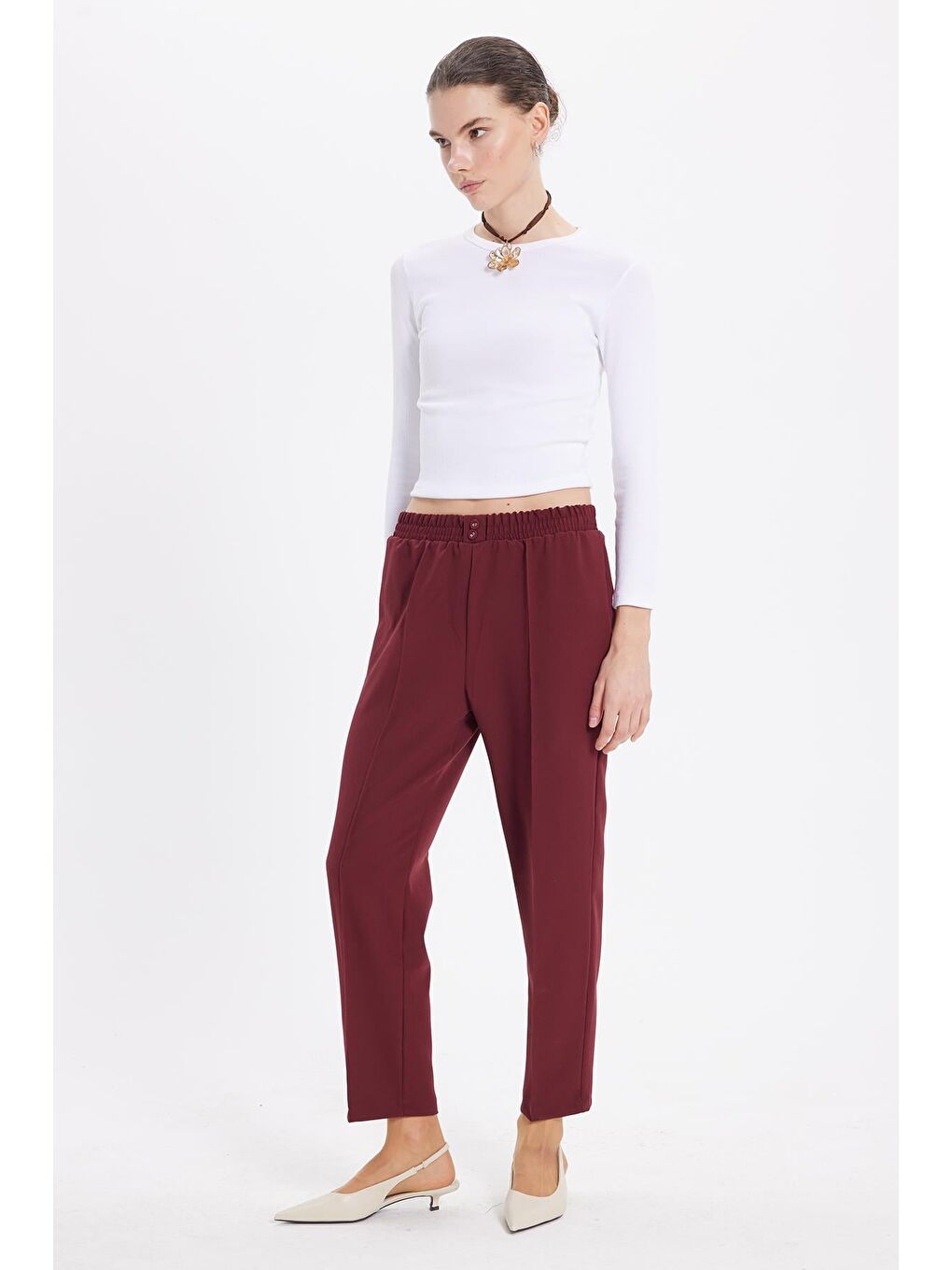 Kadın Relax Fit Rahat Kesim Yüksel Bel Düz Paça Beli Lastikli Bordo Pantolon-4