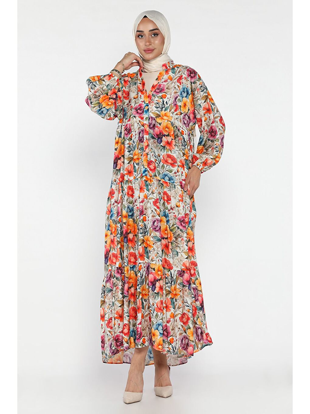 Karışık Ön Düğmeli Desenli Mevsimlik Tesettür Elbise-3