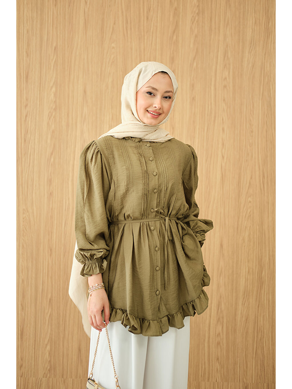 Kadın Önü Nervurlu Bel Bağlamalı Gömlek Yeşil