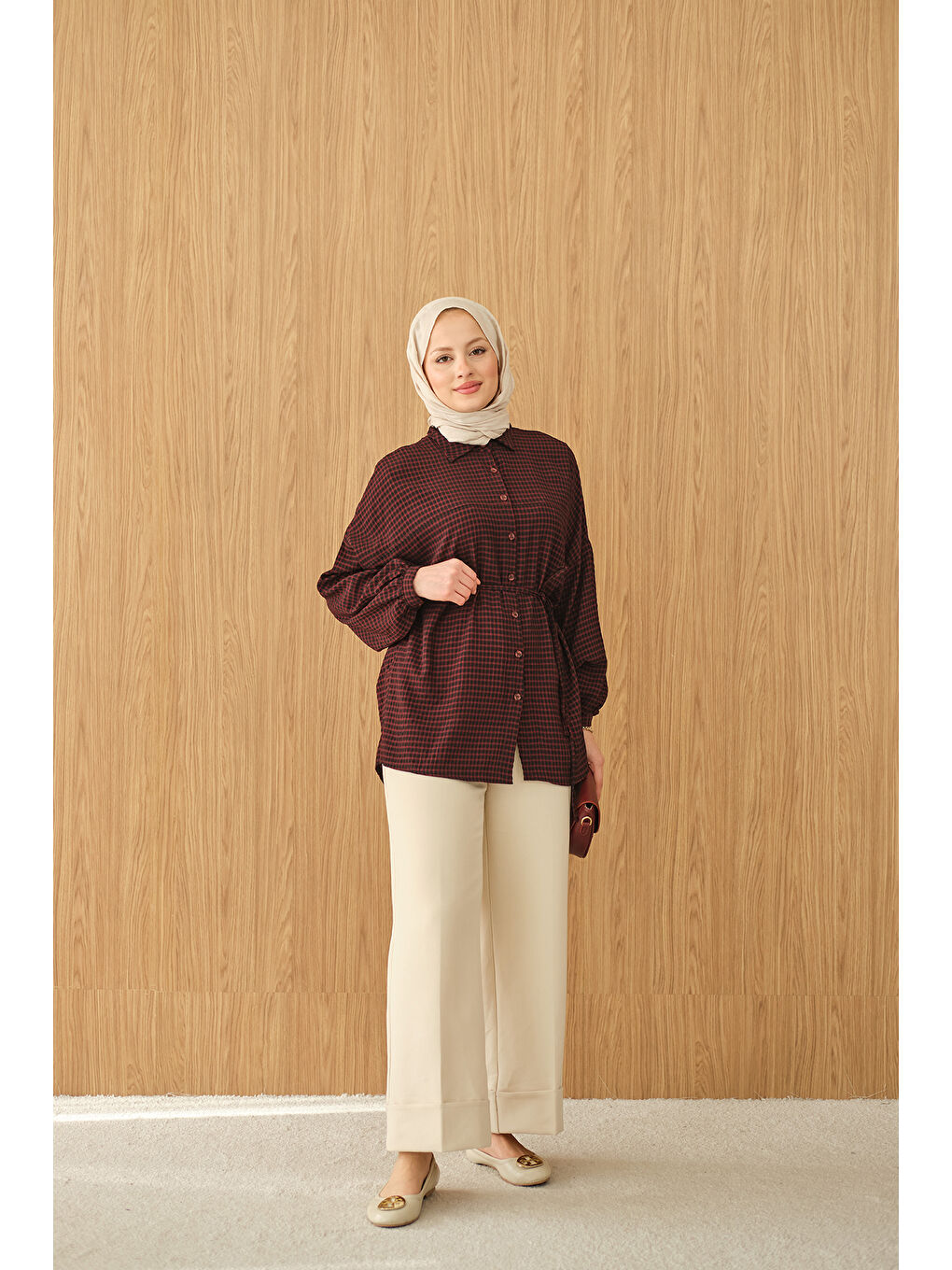 Kadın Ekose Desen Bel Bağlamalı Gömlek Bordo-2