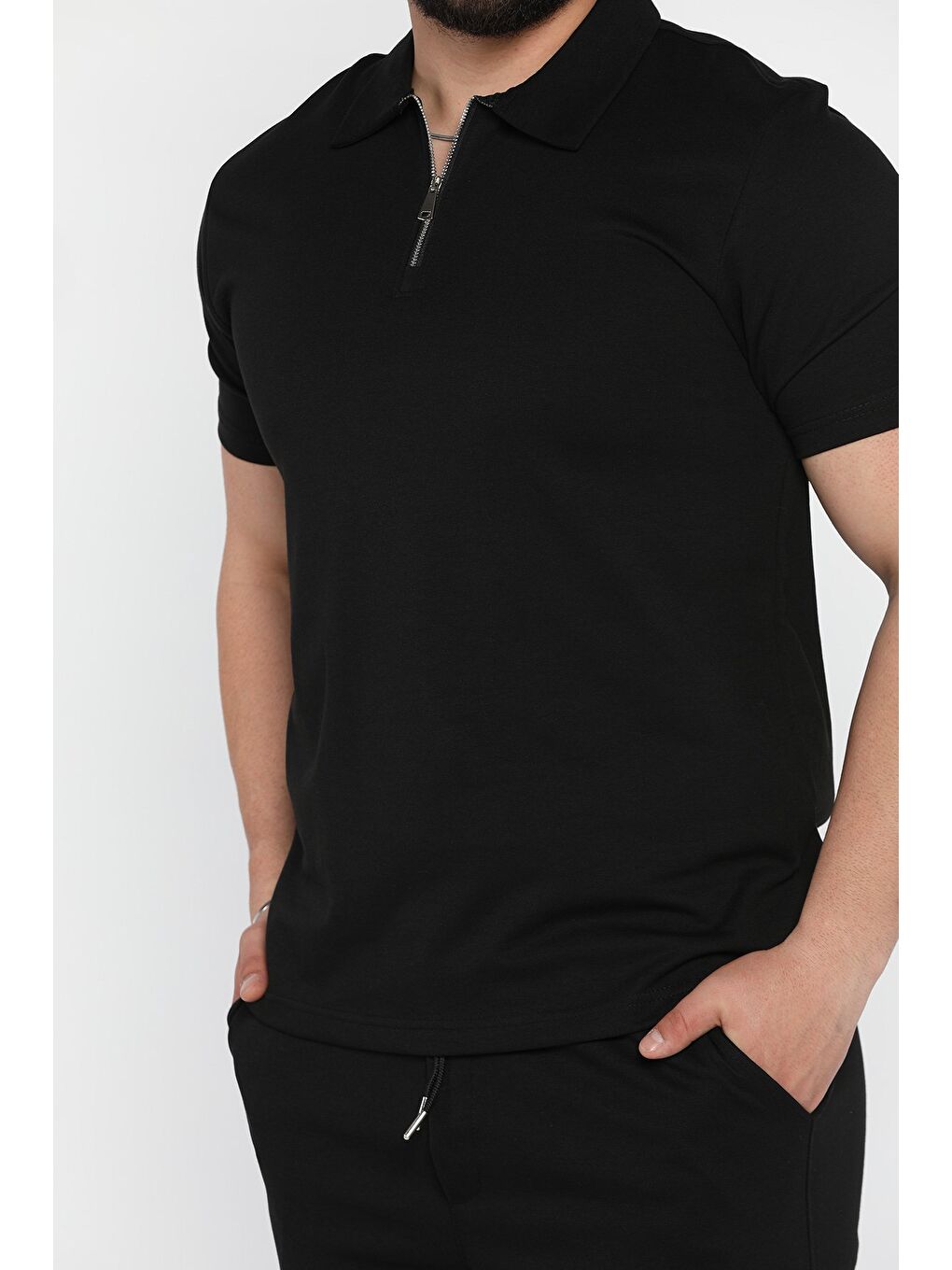 Siyah Polo Yaka Yarım Fermuarlı Tişört Şort Erkek İkili Takım-3