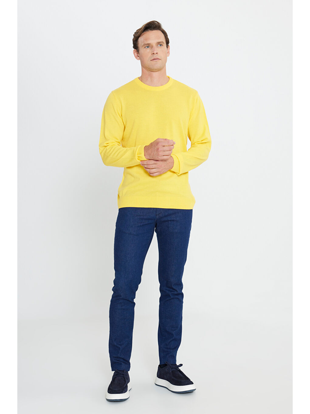 Erkek Sarı Anti-Pilling Tüylenme Yapmayan Standart Fit Normal Kesim Bisiklet Yaka Triko Kazak-1