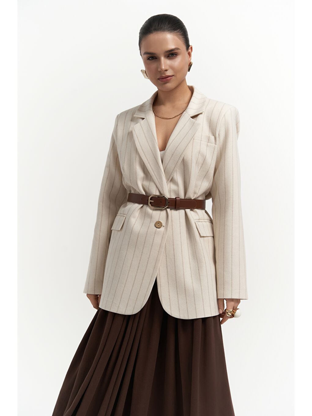Bohemai Juba Vizon Çizgili Bej Basic Blazer