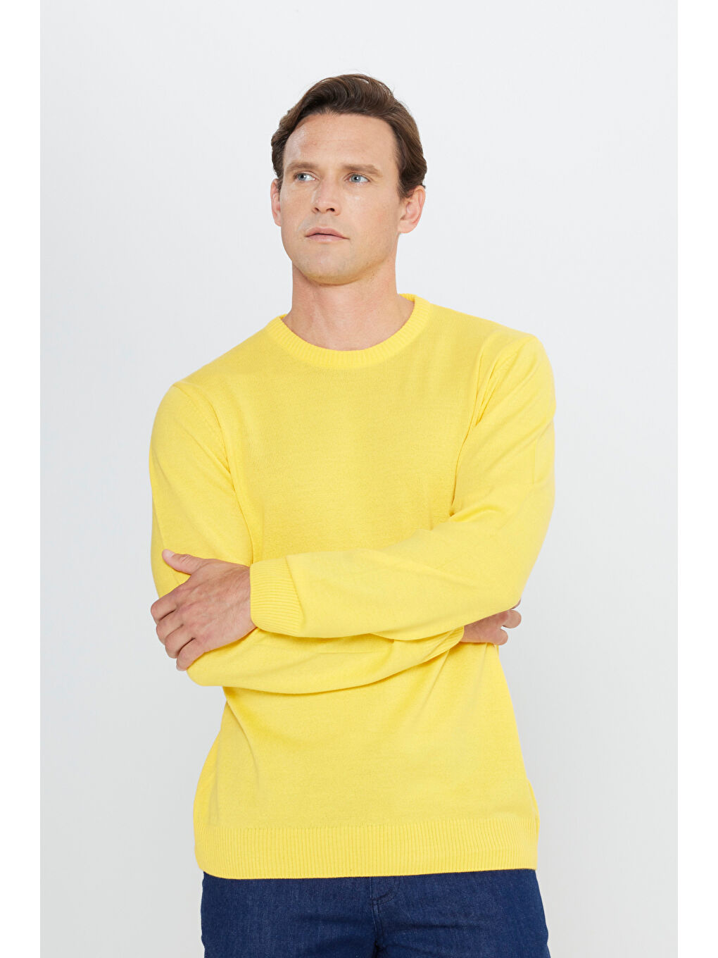 Erkek Sarı Anti-Pilling Tüylenme Yapmayan Standart Fit Normal Kesim Bisiklet Yaka Triko Kazak-2