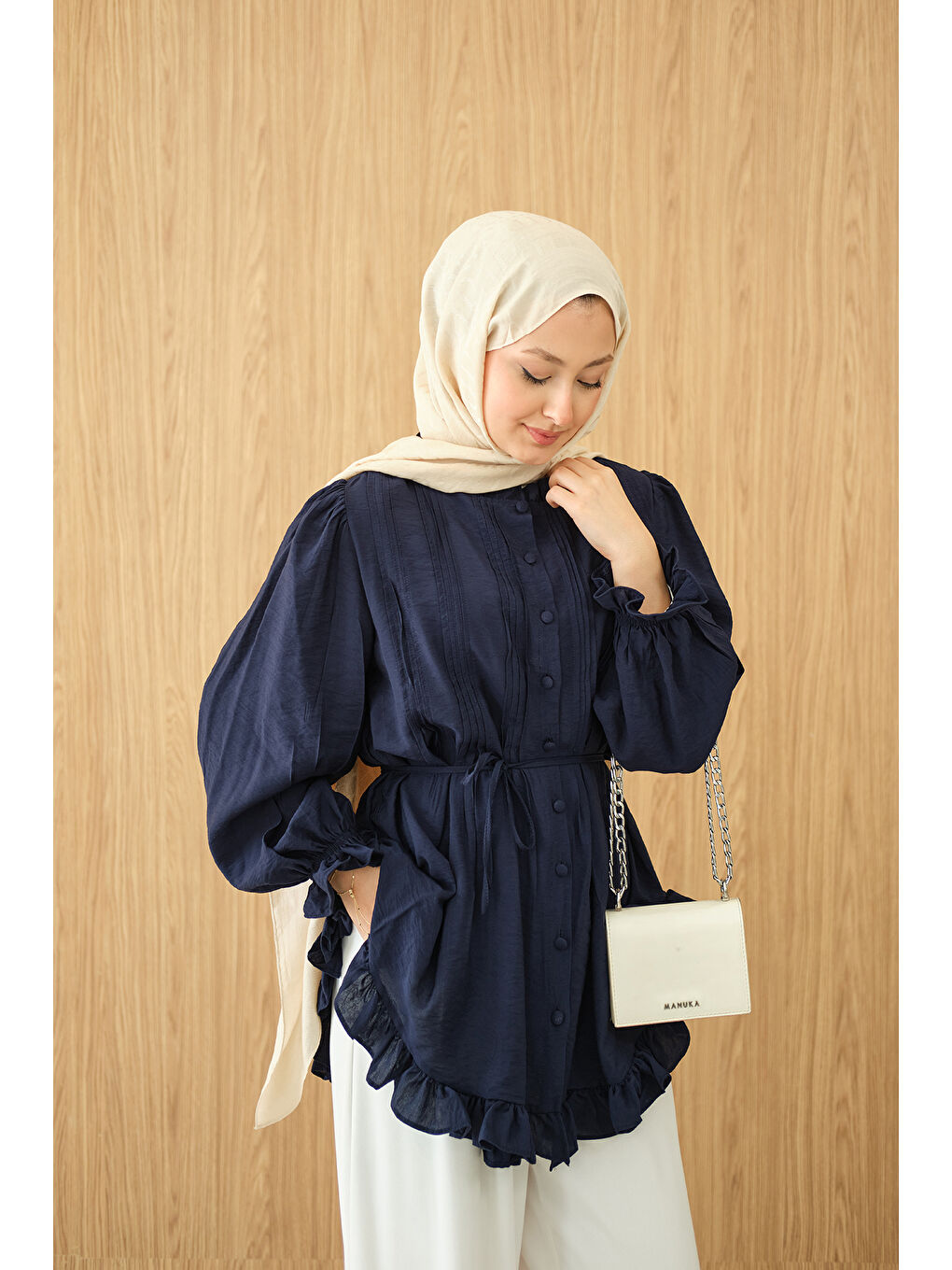 Kadın Önü Nervurlu Bel Bağlamalı Gömlek Lacivert-2