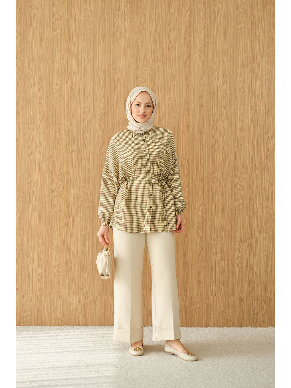 Kadın Ekose Desen Bel Bağlamalı Gömlek Yeşil-2