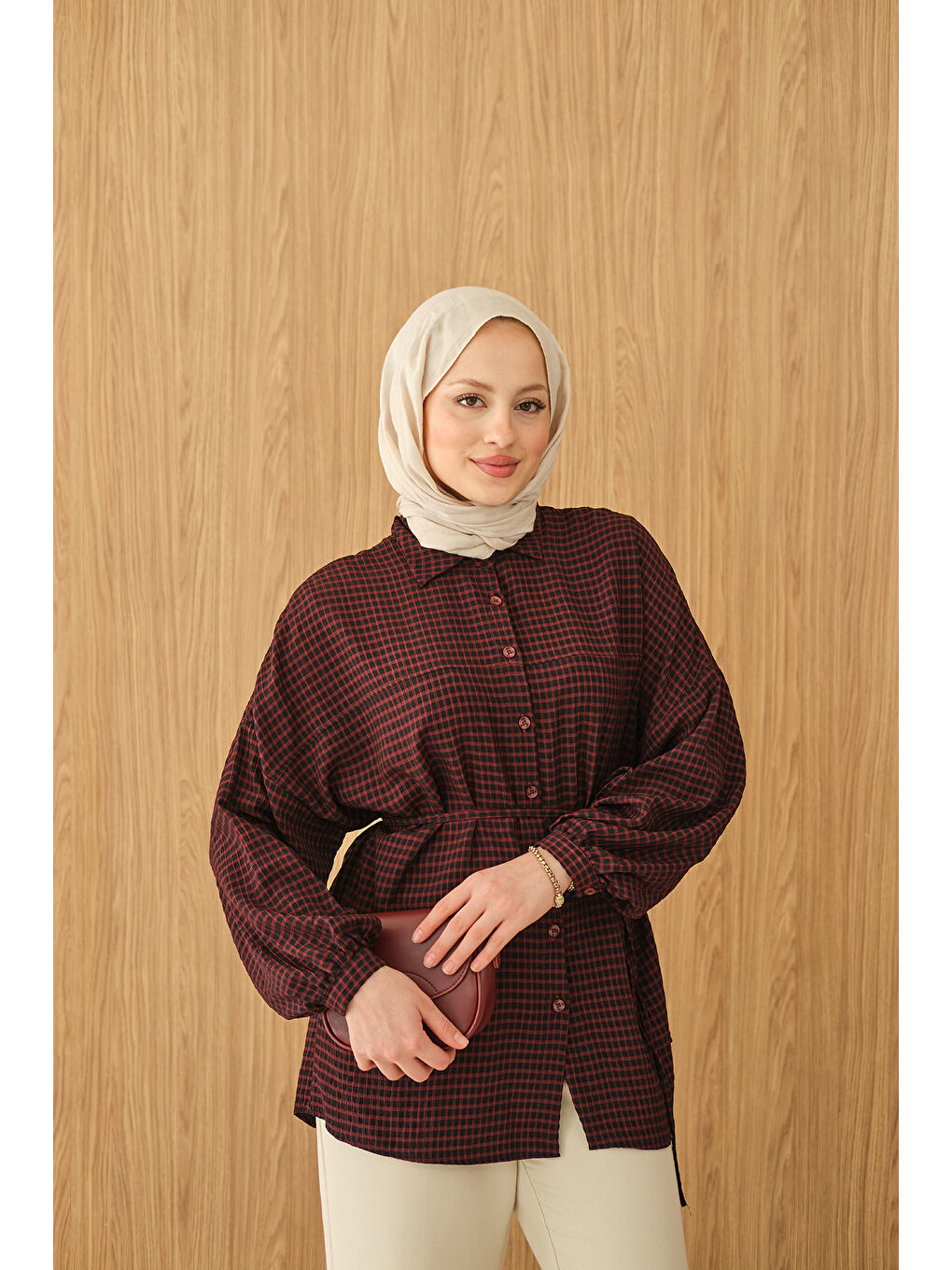 Kadın Ekose Desen Bel Bağlamalı Gömlek Bordo-3