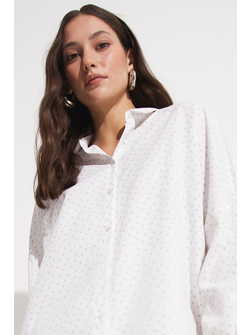 June Ekru Kadın Exclusive Oversize/bol Kesim %100 Pamuk Taş Detaylı Gömlek - 2