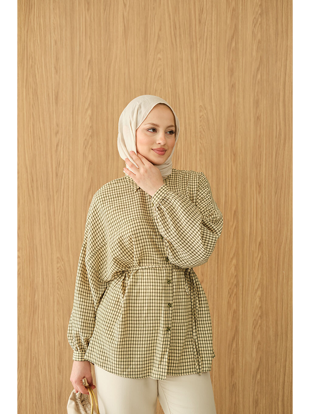 Kadın Ekose Desen Bel Bağlamalı Gömlek Yeşil-3
