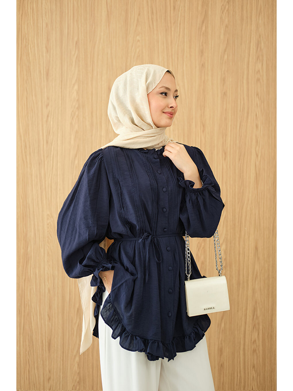 Kadın Önü Nervurlu Bel Bağlamalı Gömlek Lacivert-4