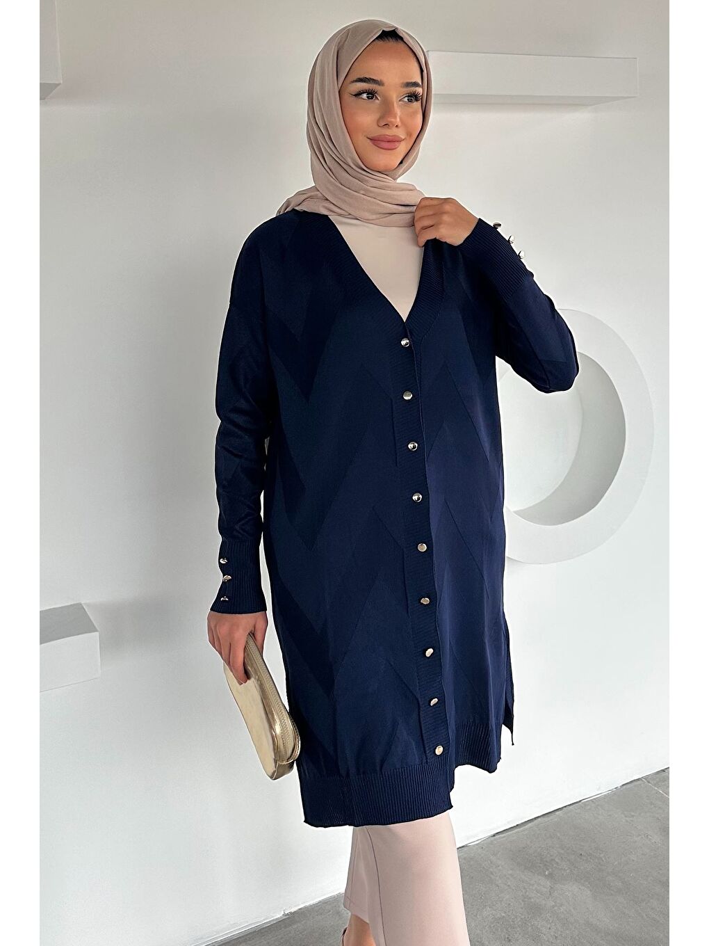 Lacivert Ön Düğmeli Desenli Tesettür Triko Hırka (m-l-xl Uyumludur)-2