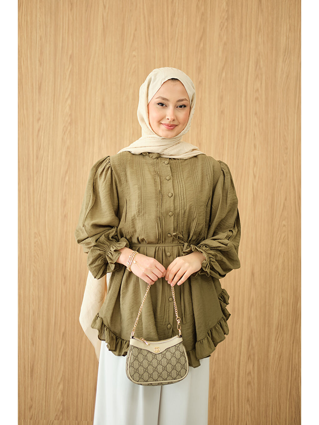 Kadın Önü Nervurlu Bel Bağlamalı Gömlek Yeşil-1