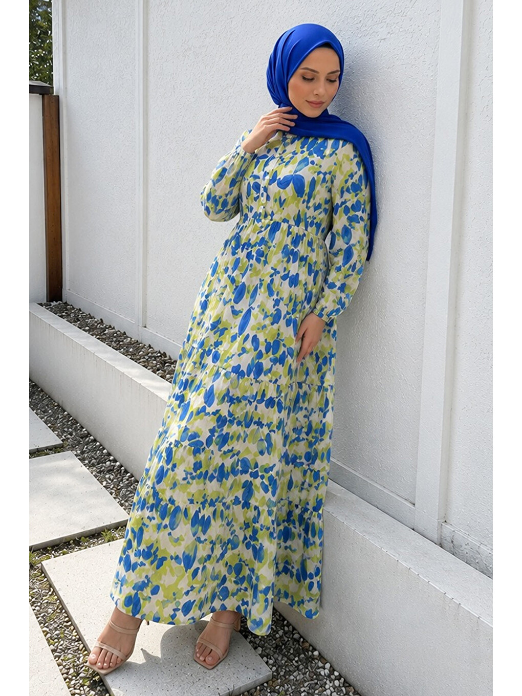 Pat Detaylı Yaprak Desenli Elbise Tsd260261 Mavi-4