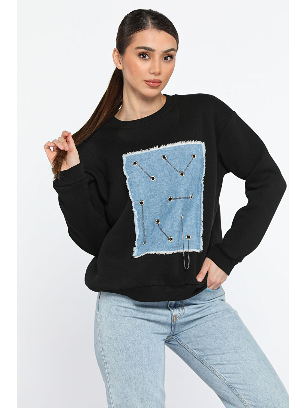 Siyah Kadın Bisiklet Yaka Jean Garnili Zincir Detaylı Şardonlu Sweatshirt