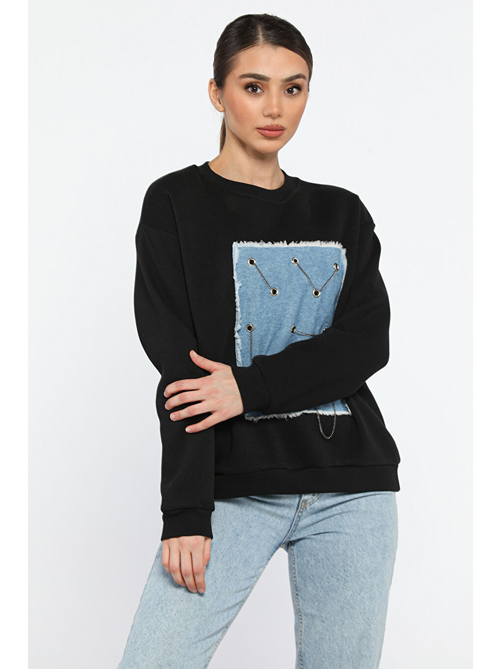 Siyah Kadın Bisiklet Yaka Jean Garnili Zincir Detaylı Şardonlu Sweatshirt-1