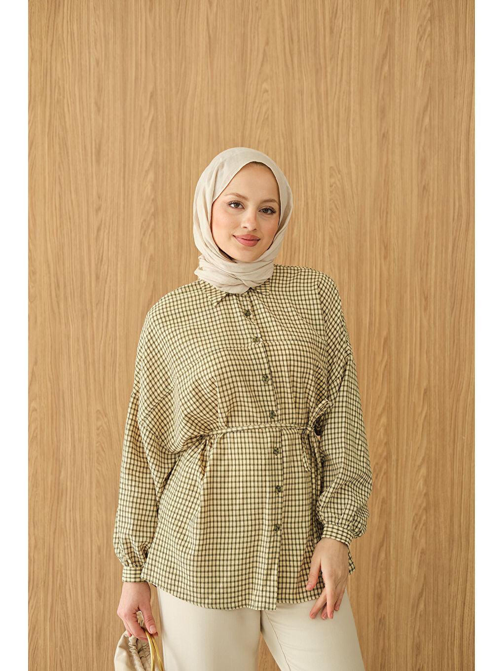 Kadın Ekose Desen Bel Bağlamalı Gömlek Yeşil-4
