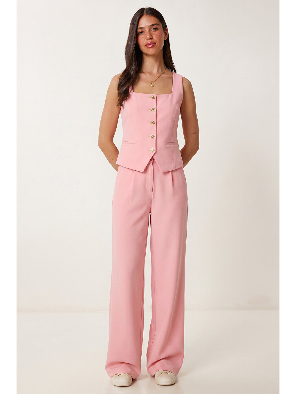 Pembe Gold Düğmeli Dokuma Yelek-Pantolon Takım PEMBE LAZ0004-1