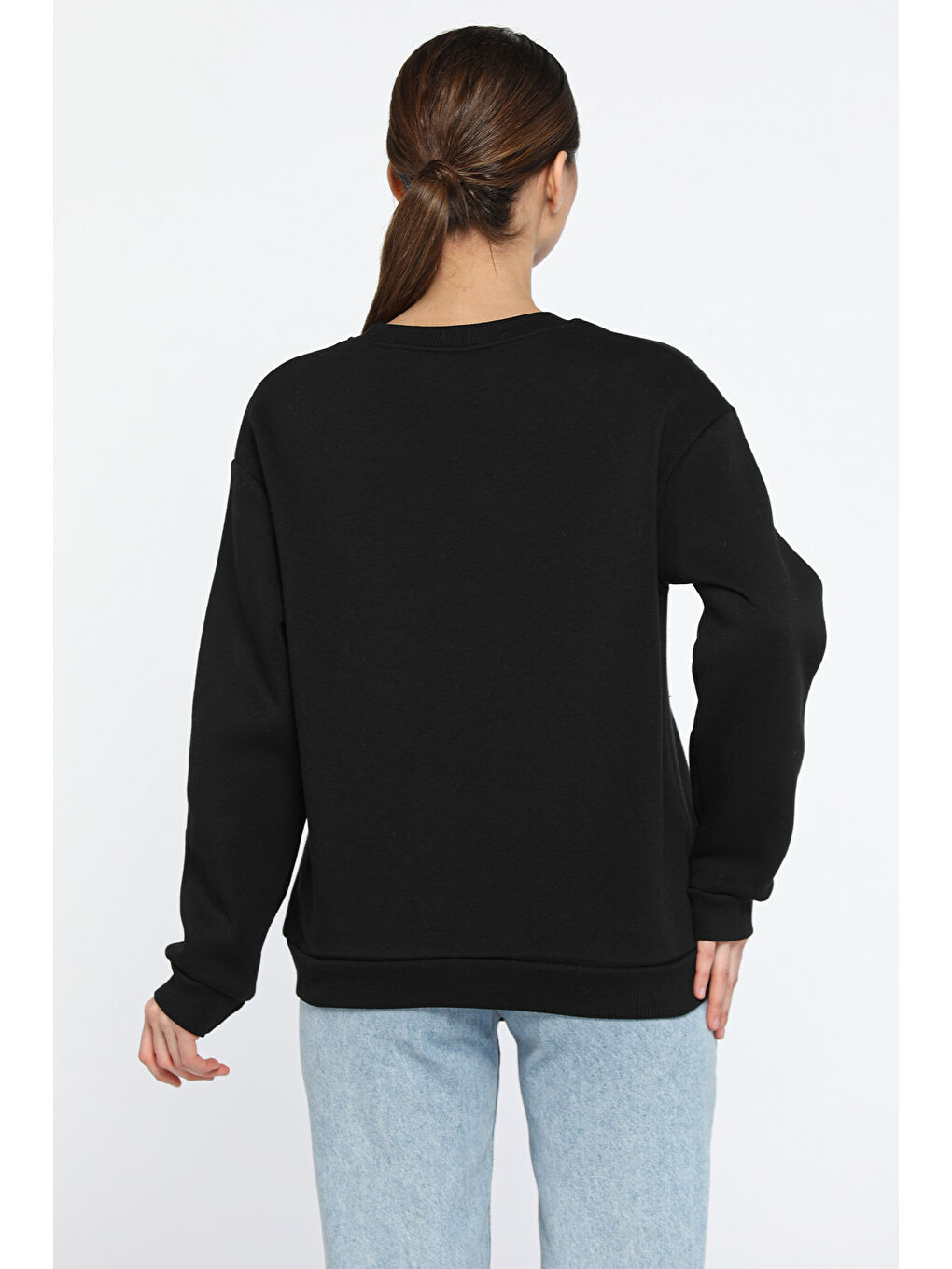 Siyah Kadın Bisiklet Yaka Jean Garnili Zincir Detaylı Şardonlu Sweatshirt-2