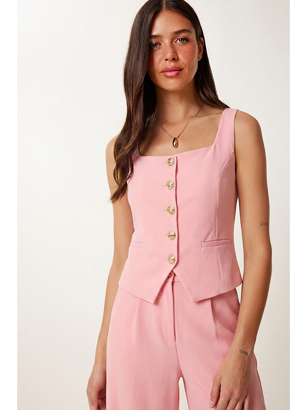 Pembe Gold Düğmeli Dokuma Yelek-Pantolon Takım PEMBE LAZ0004-2