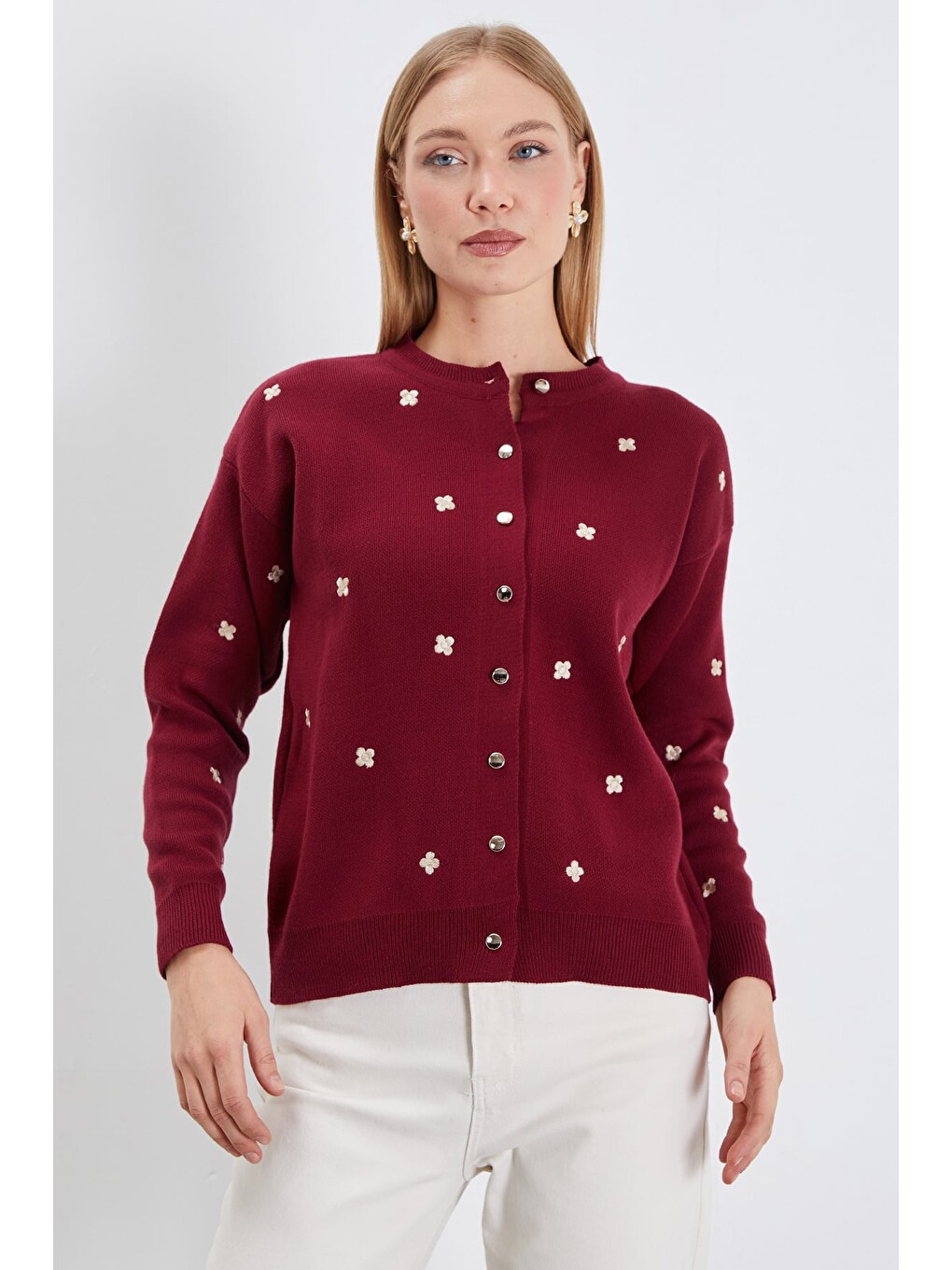Bordo Çiçek Nakışlı Düğmeli Triko Hırka-3