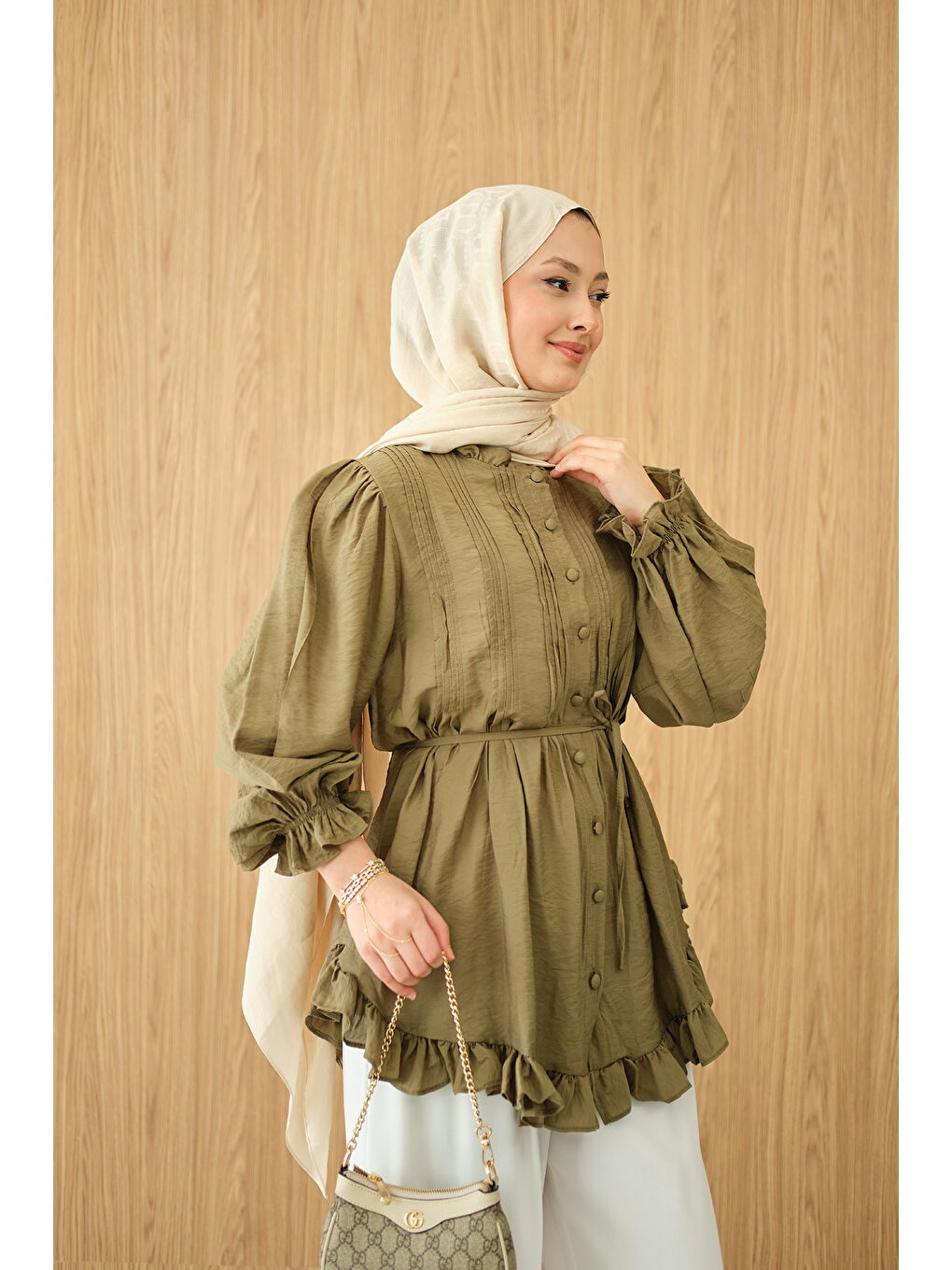 Kadın Önü Nervurlu Bel Bağlamalı Gömlek Yeşil-2