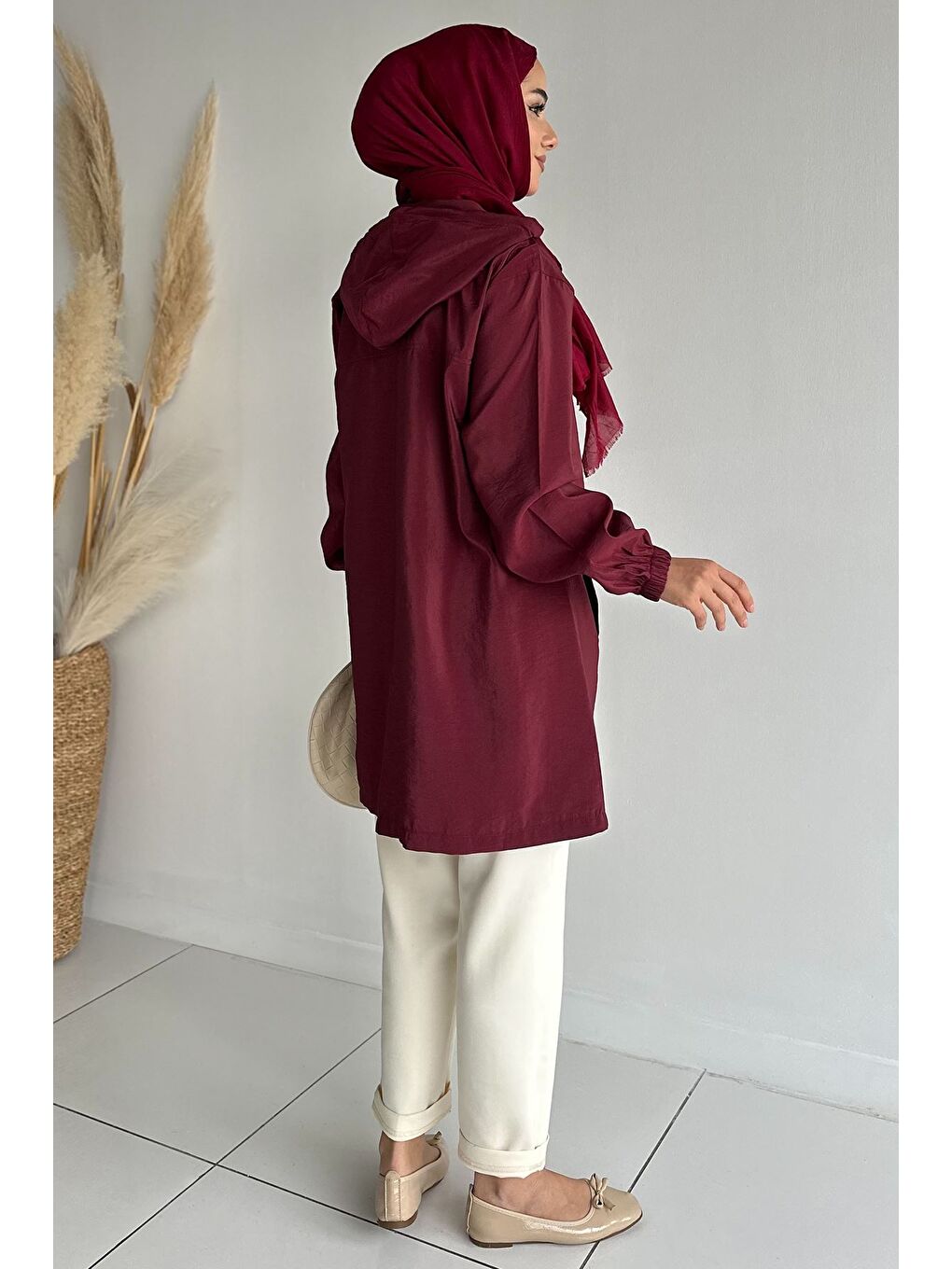 Bordo Kapüşonlu Fermuarlı Mevsimlik Tesettür Kap-5