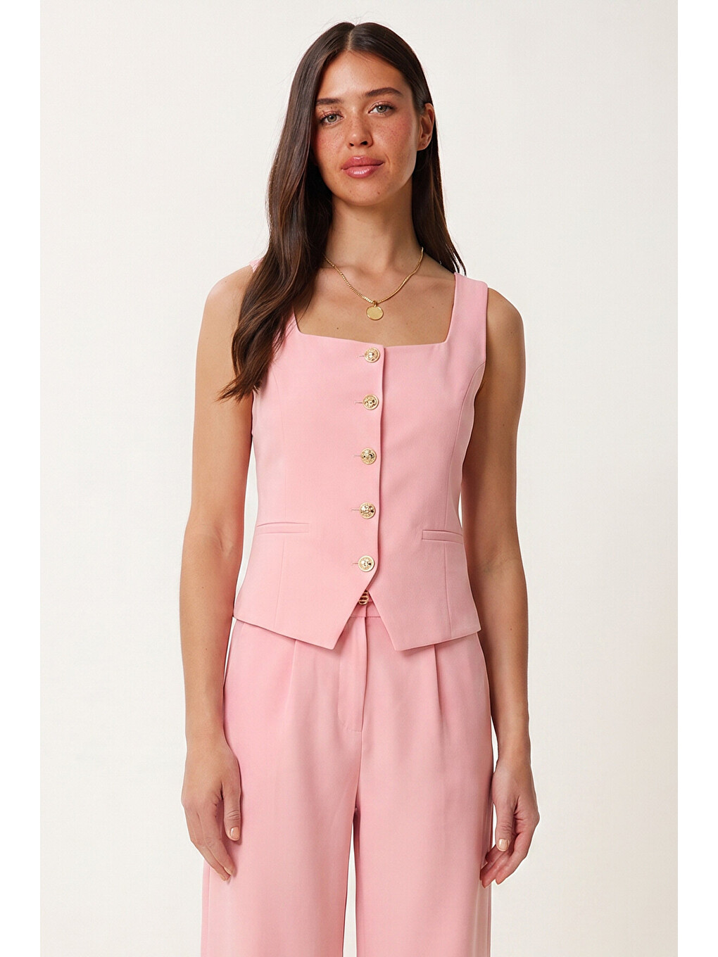 Pembe Gold Düğmeli Dokuma Yelek-Pantolon Takım PEMBE LAZ0004-3