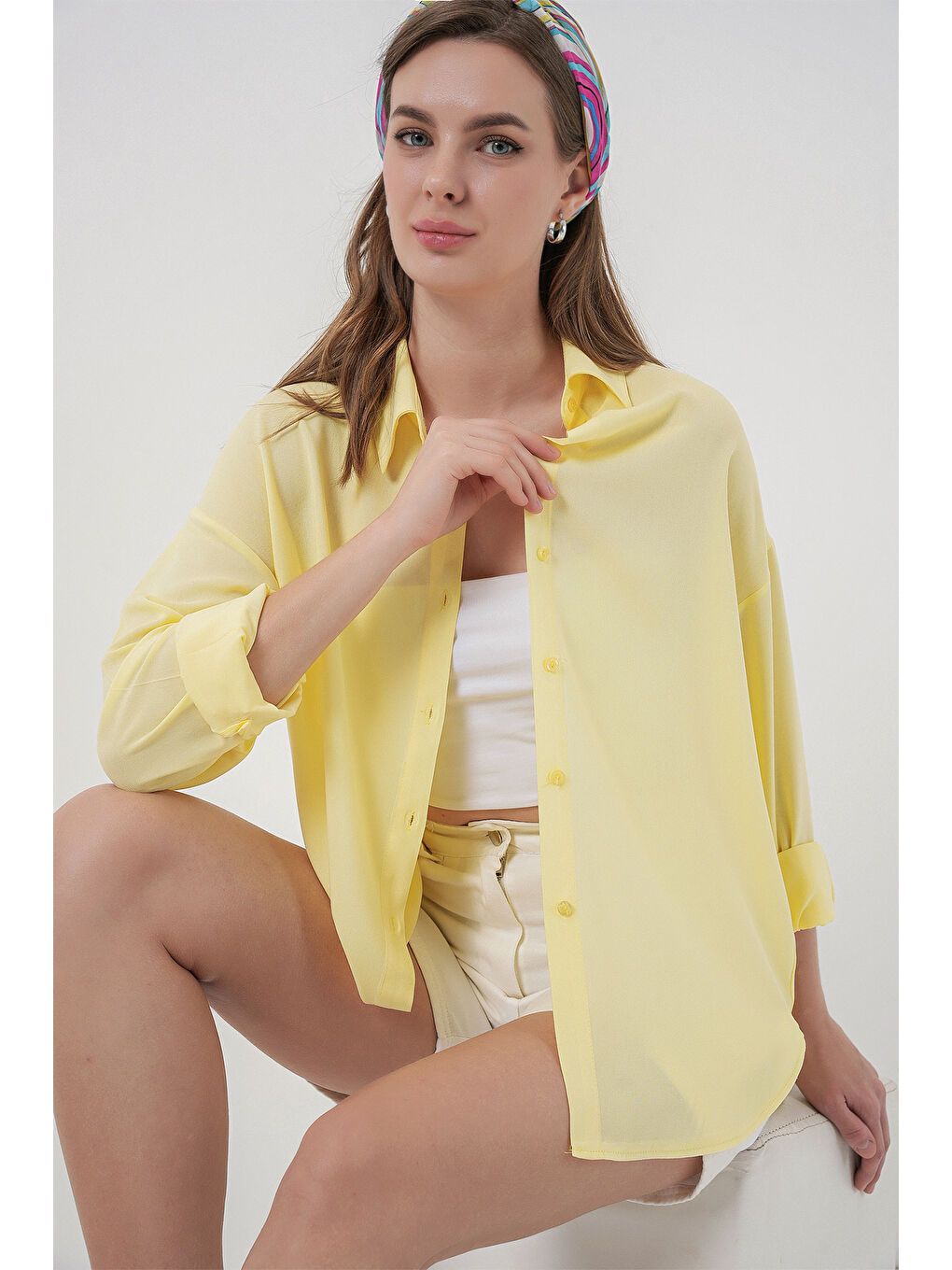 Kadın Oversize Viskon Gömlek 3785 - Sarı