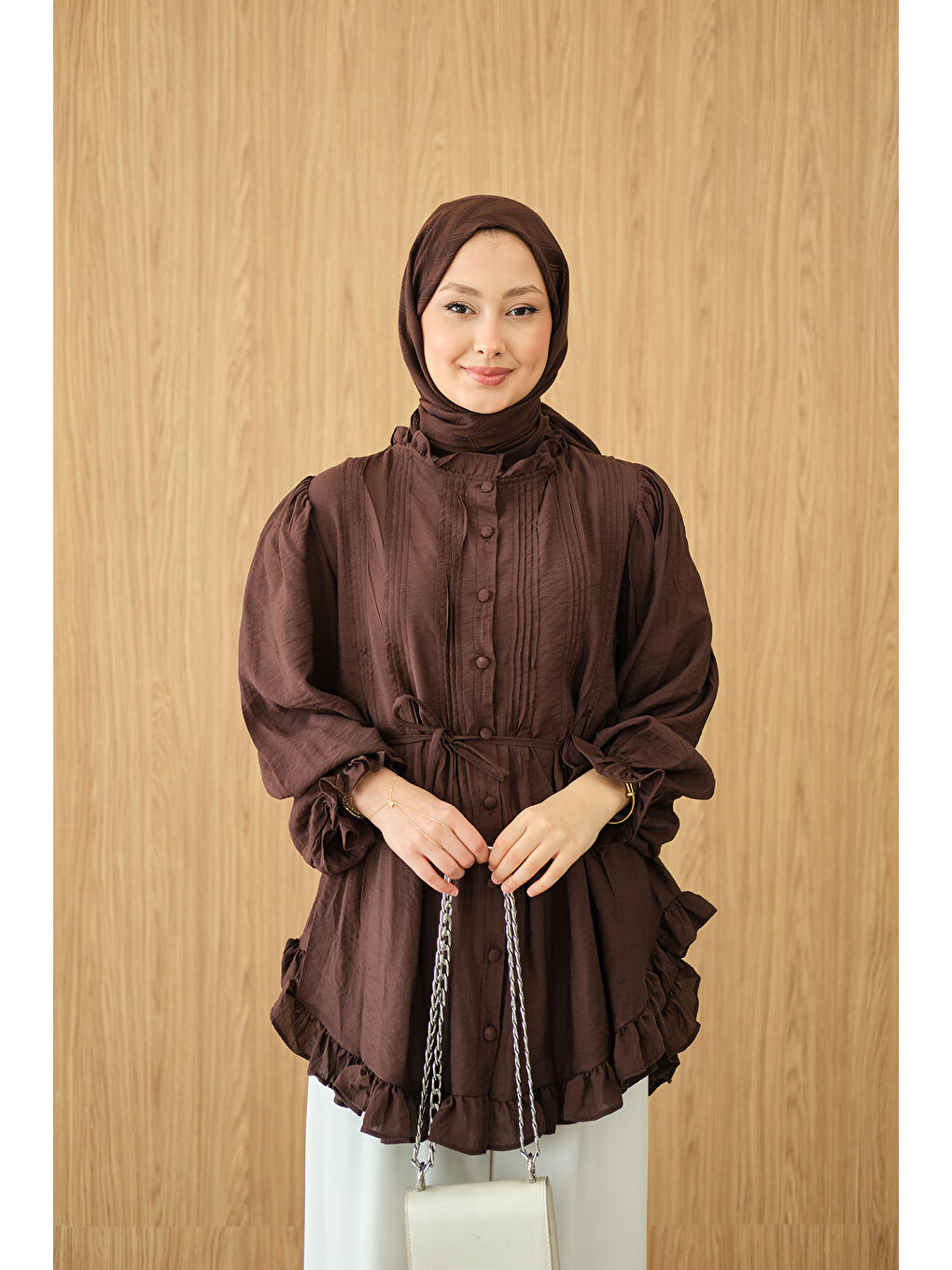 Kadın Önü Nervurlu Bel Bağlamalı Gömlek Kahverengi-1