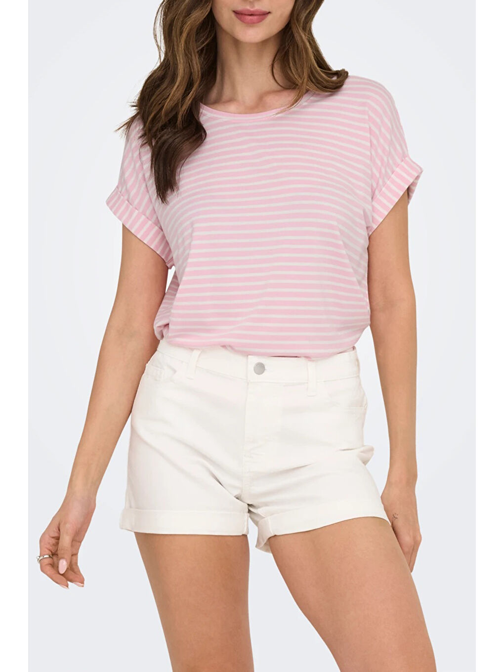 Pembe Onlmoster Streç Çizgili Regular Fit Bisiklet Yaka Kadın T Shirt 15206243