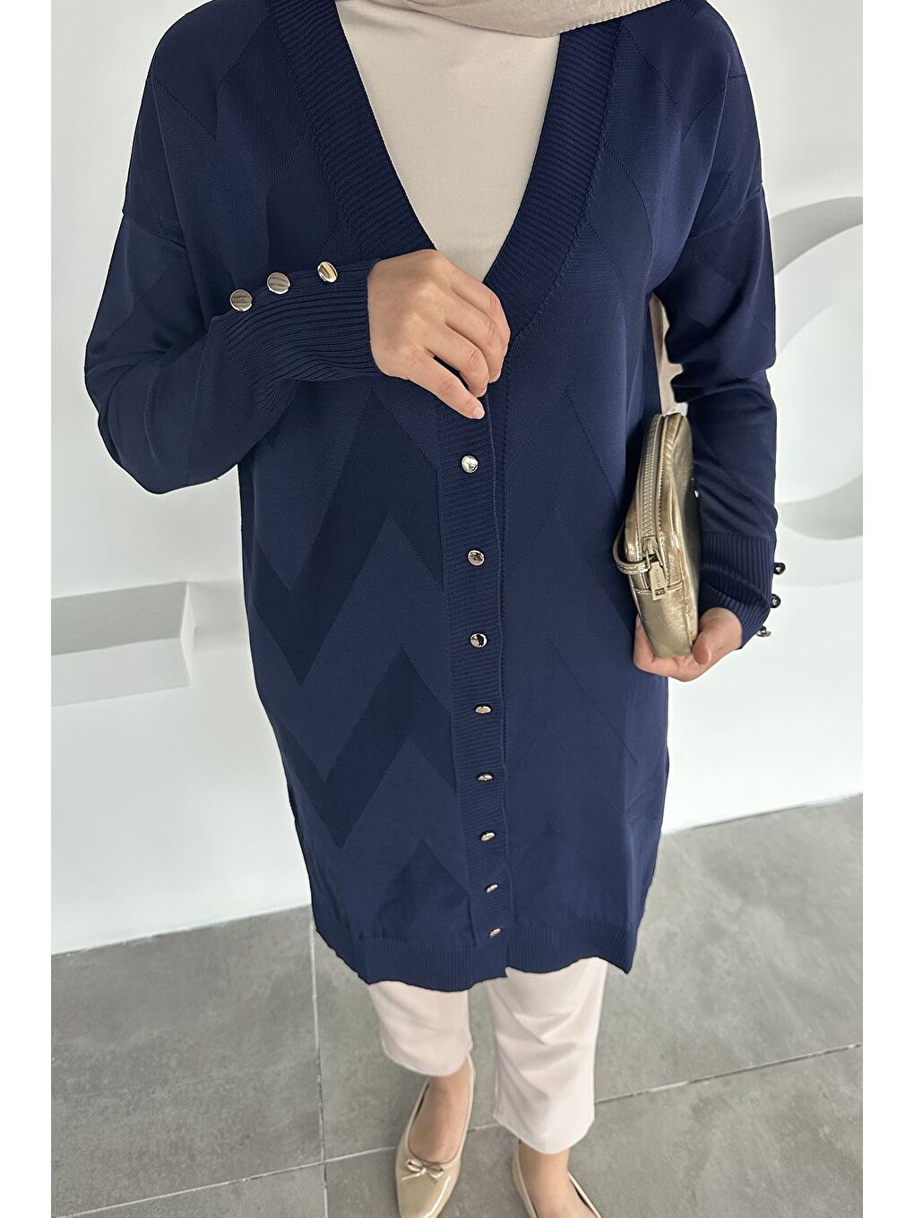 Lacivert Ön Düğmeli Desenli Tesettür Triko Hırka (m-l-xl Uyumludur)-5