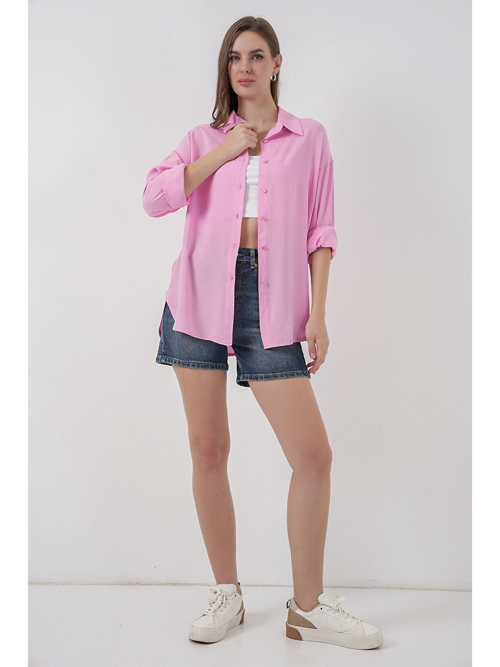 Kadın Oversize Viskon Gömlek 3785 - Pembe-1