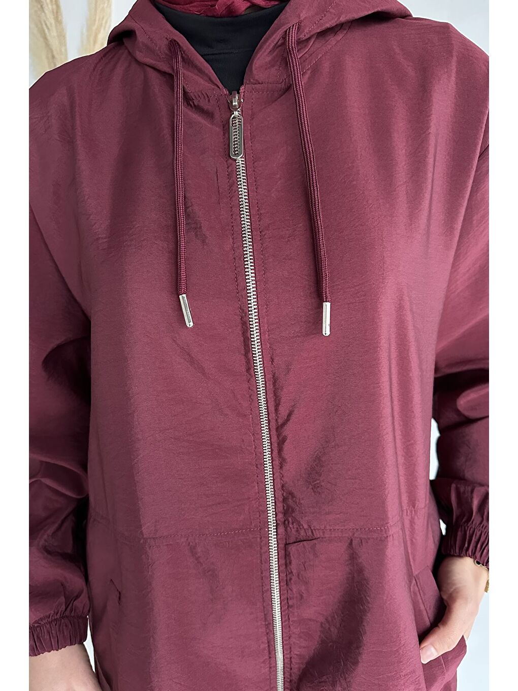 Bordo Kapüşonlu Fermuarlı Mevsimlik Tesettür Kap-7