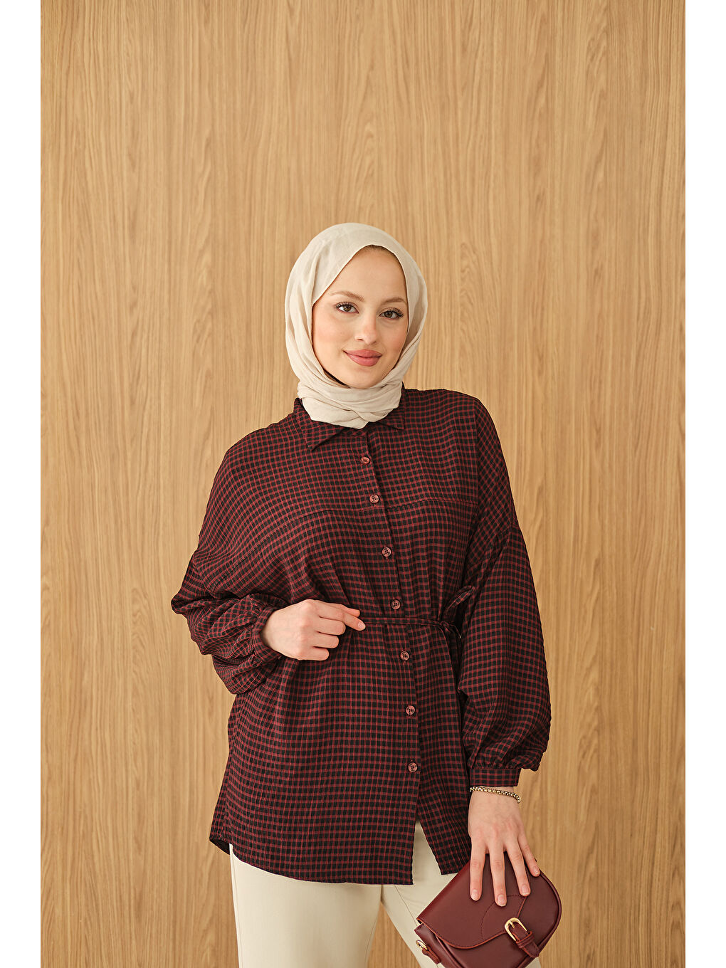 Kadın Ekose Desen Bel Bağlamalı Gömlek Bordo-4