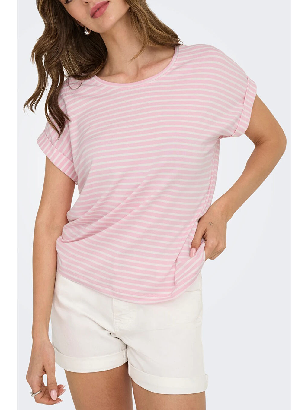 Pembe Onlmoster Streç Çizgili Regular Fit Bisiklet Yaka Kadın T Shirt 15206243-2