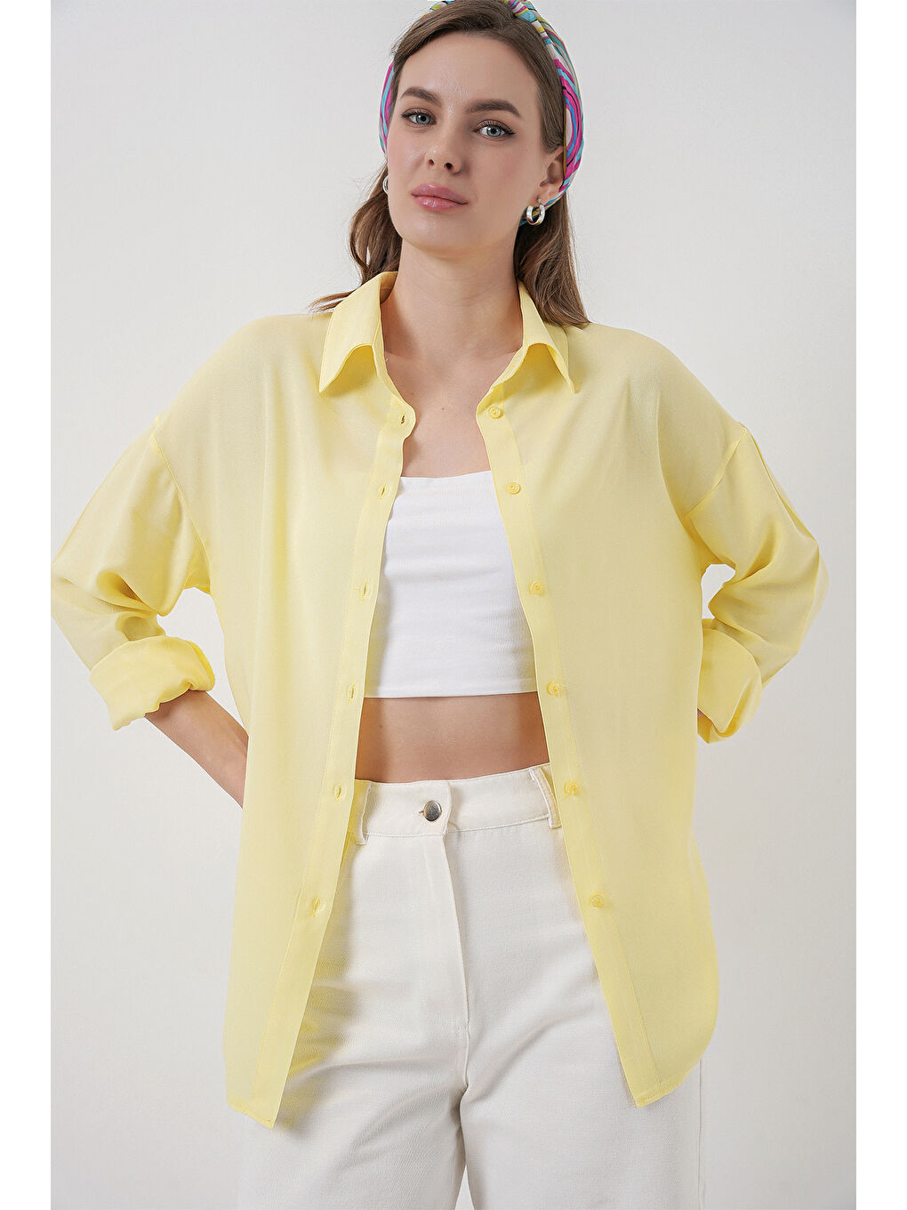 Kadın Oversize Viskon Gömlek 3785 - Sarı-1