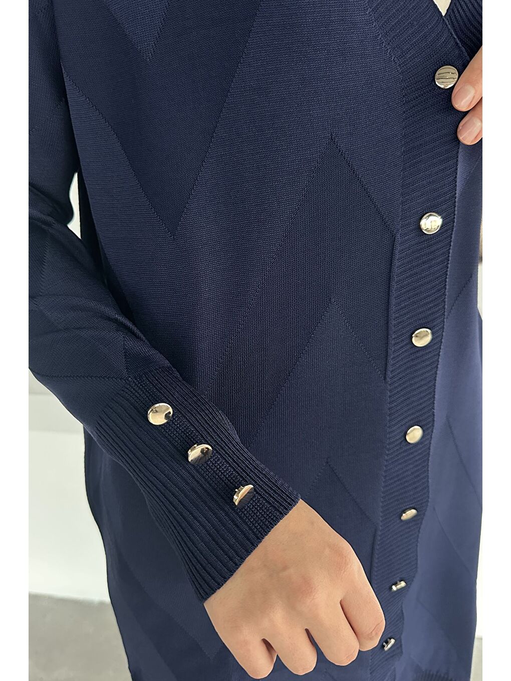 Lacivert Ön Düğmeli Desenli Tesettür Triko Hırka (m-l-xl Uyumludur)-6