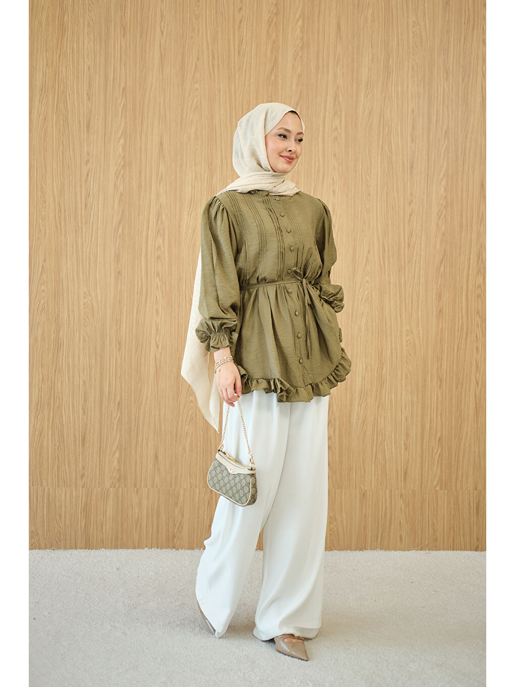 Kadın Önü Nervurlu Bel Bağlamalı Gömlek Yeşil-3