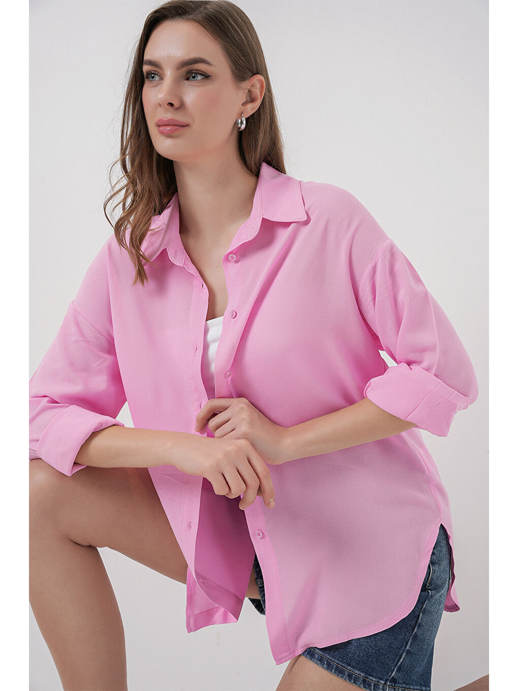 Kadın Oversize Viskon Gömlek 3785 - Pembe-2