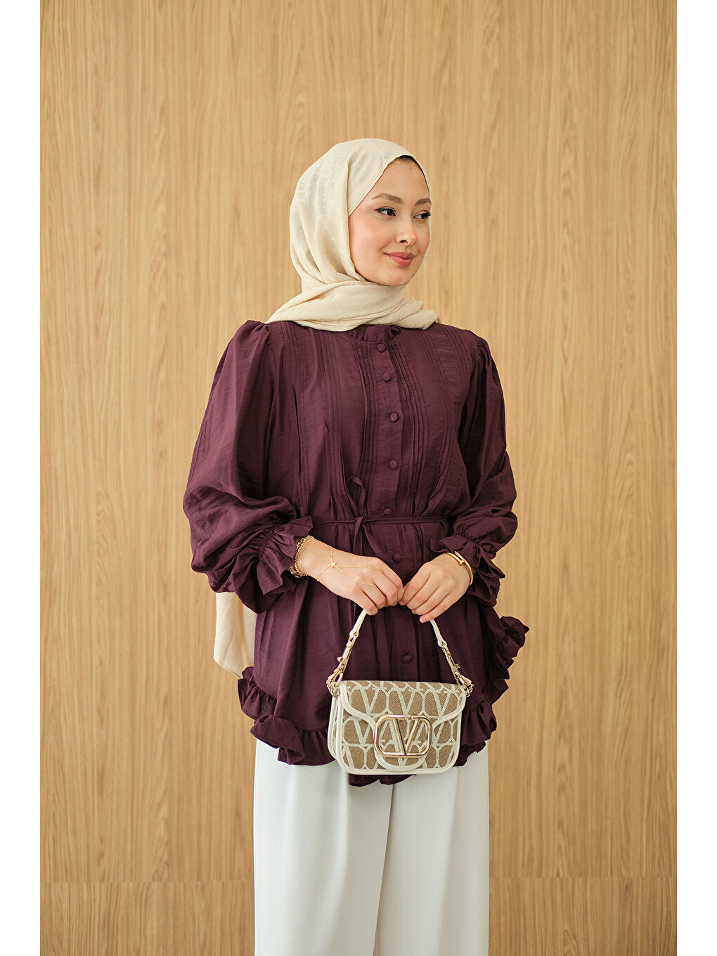 Kadın Önü Nervurlu Bel Bağlamalı Gömlek Bordo