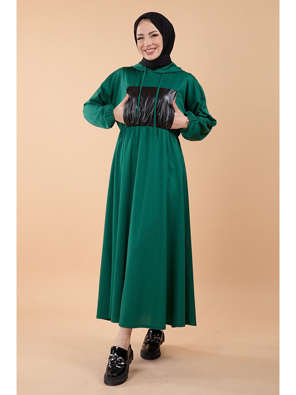 Kapüşonlu Yaka Kadın Yeşil Deri Cepli Elbise - 23862