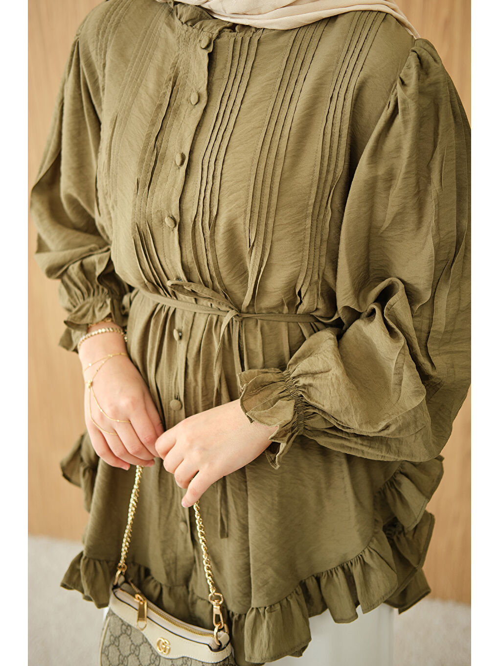 Kadın Önü Nervurlu Bel Bağlamalı Gömlek Yeşil-4