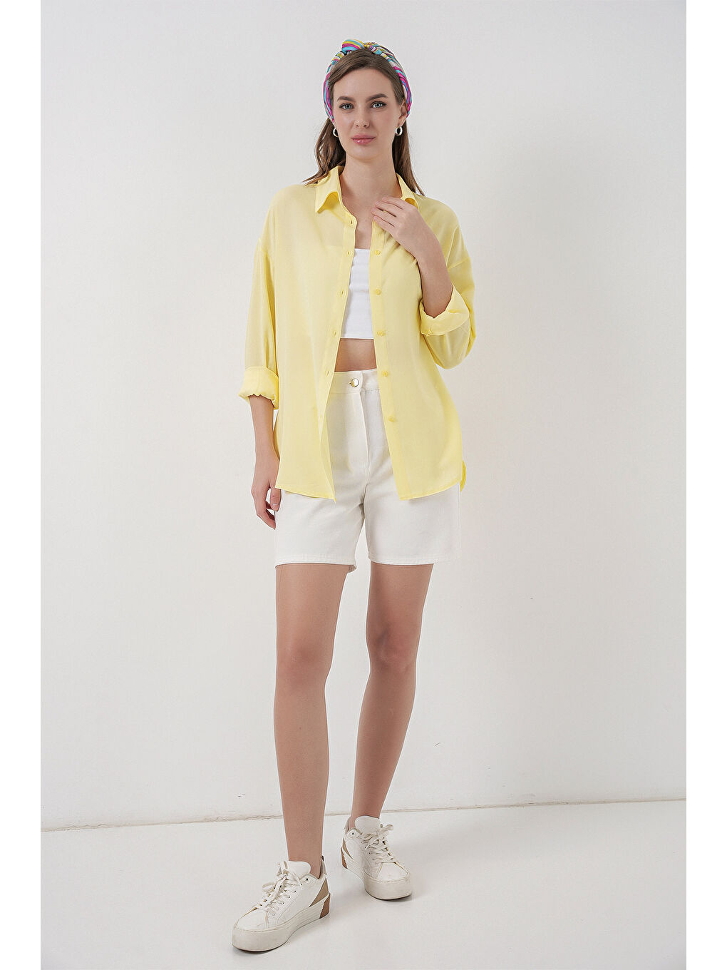 Kadın Oversize Viskon Gömlek 3785 - Sarı-2