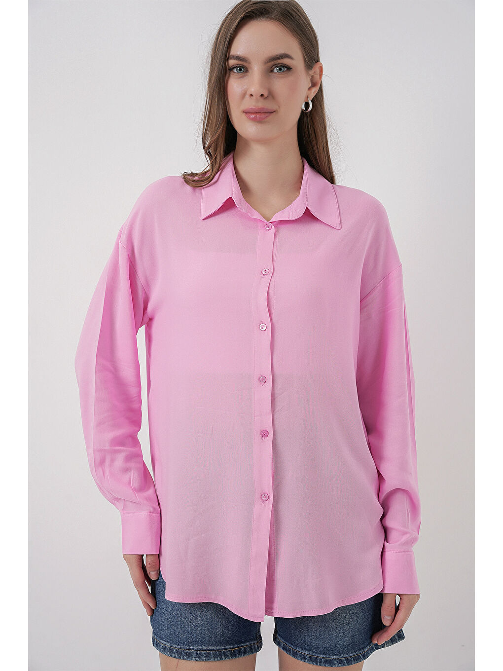Kadın Oversize Viskon Gömlek 3785 - Pembe-3