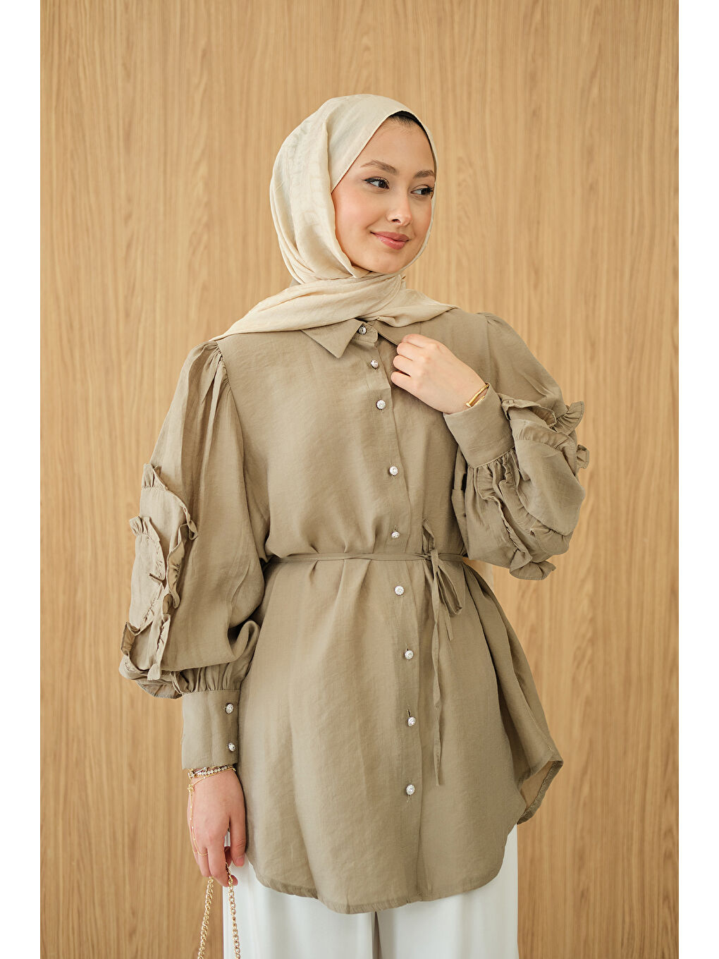 Kadın Kolları Fırfırlı Bel Bağlamalı Gömlek Küf Yeşil-1