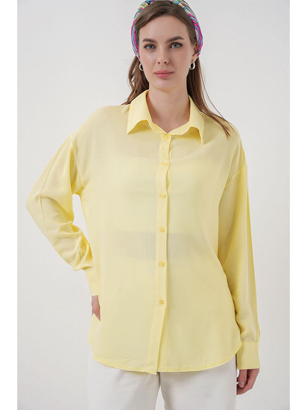 Kadın Oversize Viskon Gömlek 3785 - Sarı-3