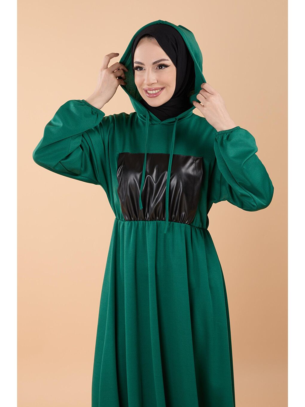 Kapüşonlu Yaka Kadın Yeşil Deri Cepli Elbise - 23862-1